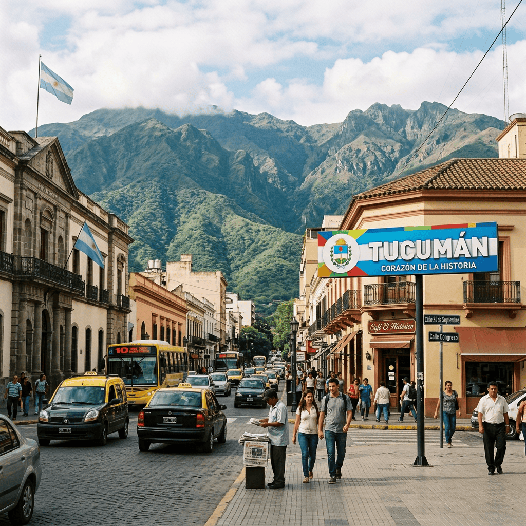 Tucumán street with historic buildings, traffic, mountains, and “TUCUMÁN CORAZÓN DE LA HISTORIA” sign
