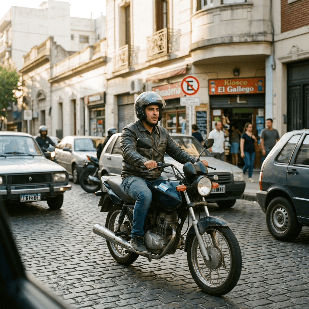 Helmeted motorcyclist riding a motorcycle through busy cobblestone street traffic